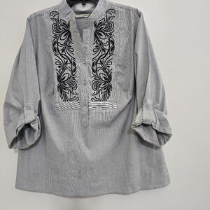 DEANE & WHITE‎ size 1X Striped Floral Embroidered Roll Tab Sleeve Button Tunic